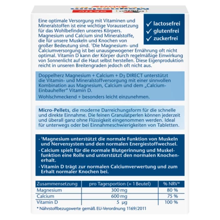 Abbildung der Produktverpackung Doppelherz aktiv Magnesium + Calcium + D3 DIRECT Rückansicht